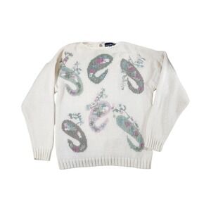 Hunters Run Vintage Ramie Cotton Knit Paisley Floral Sweater Cream Womens Large